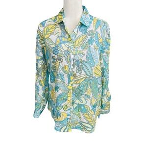 J McLaughlin Women’s Linen Shirt Aqua Yellow Tropical Print Button Down NWT $188